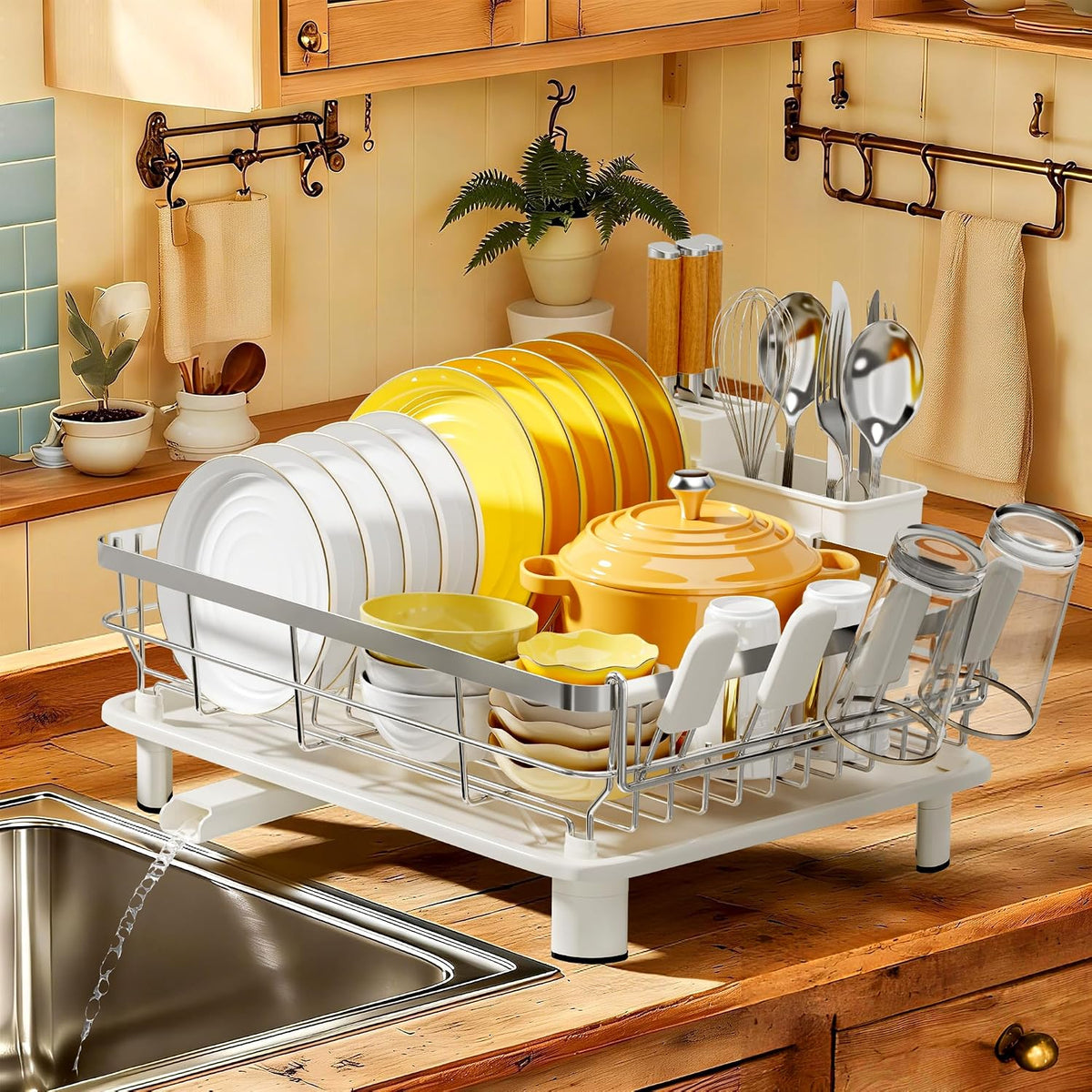 Dish Drying Rack with Drainboard for Kitchen Counter, White