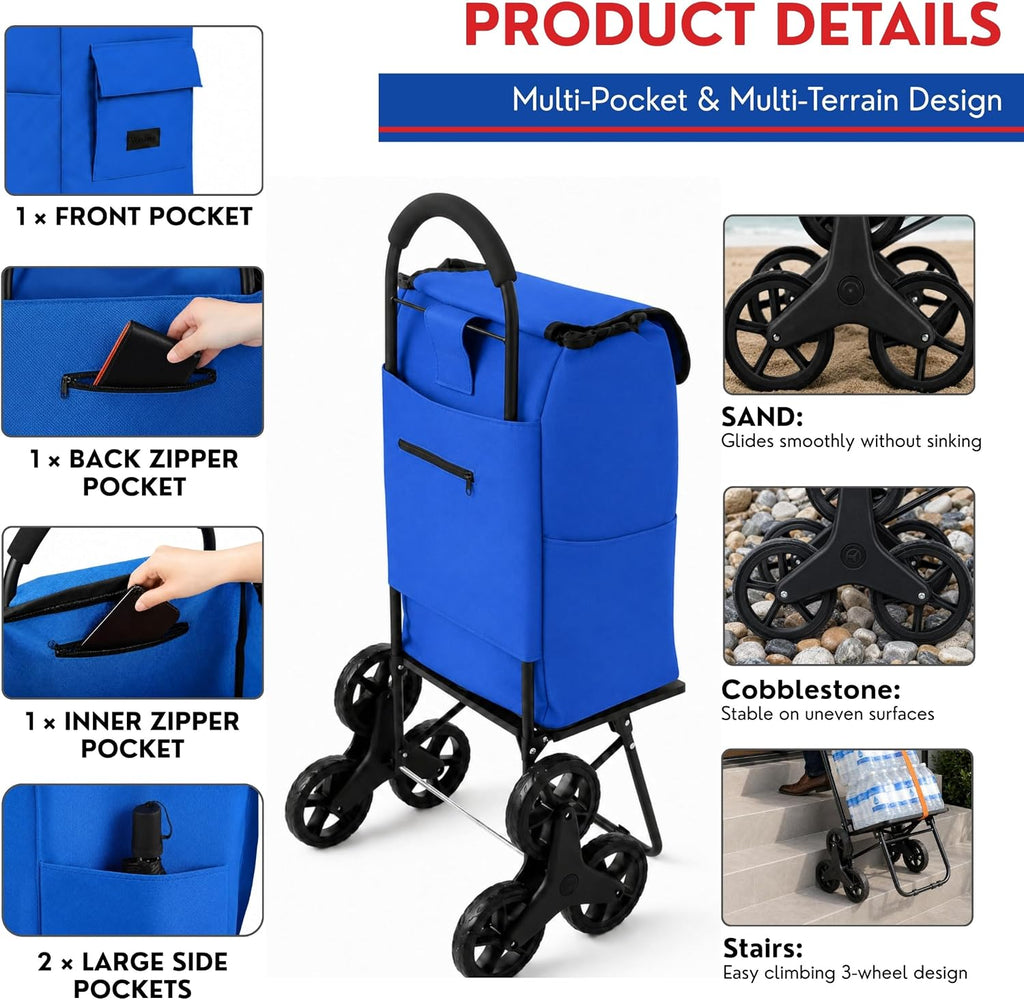 Shopping Cart, Super Loading Stair Climber 220 lbs Capacity, Grocery Foldable Trolley with Extra Large Shopping Bag Laundry Utility Cart with Adjustable Bungee Cord, blue