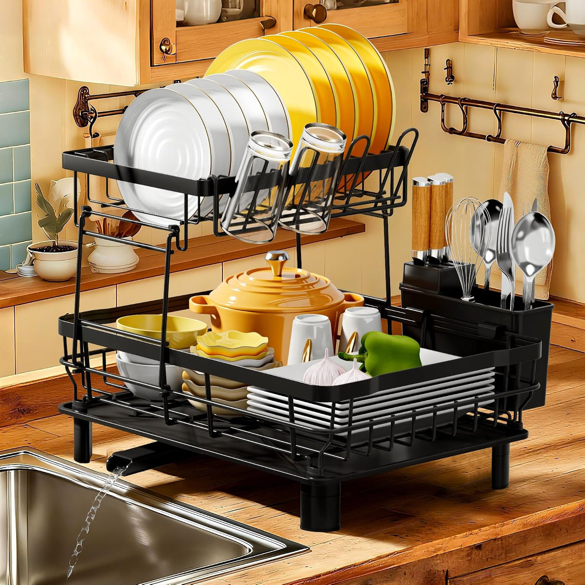 Dish Drying Rack with Drainboard for Kitchen Counter, White