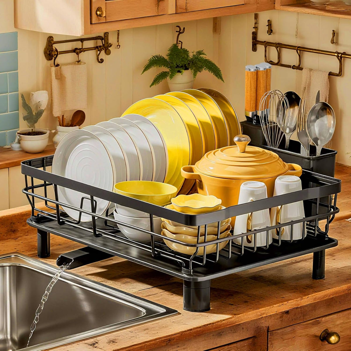 Dish Drying Rack with Drainboard for Kitchen Counter, White