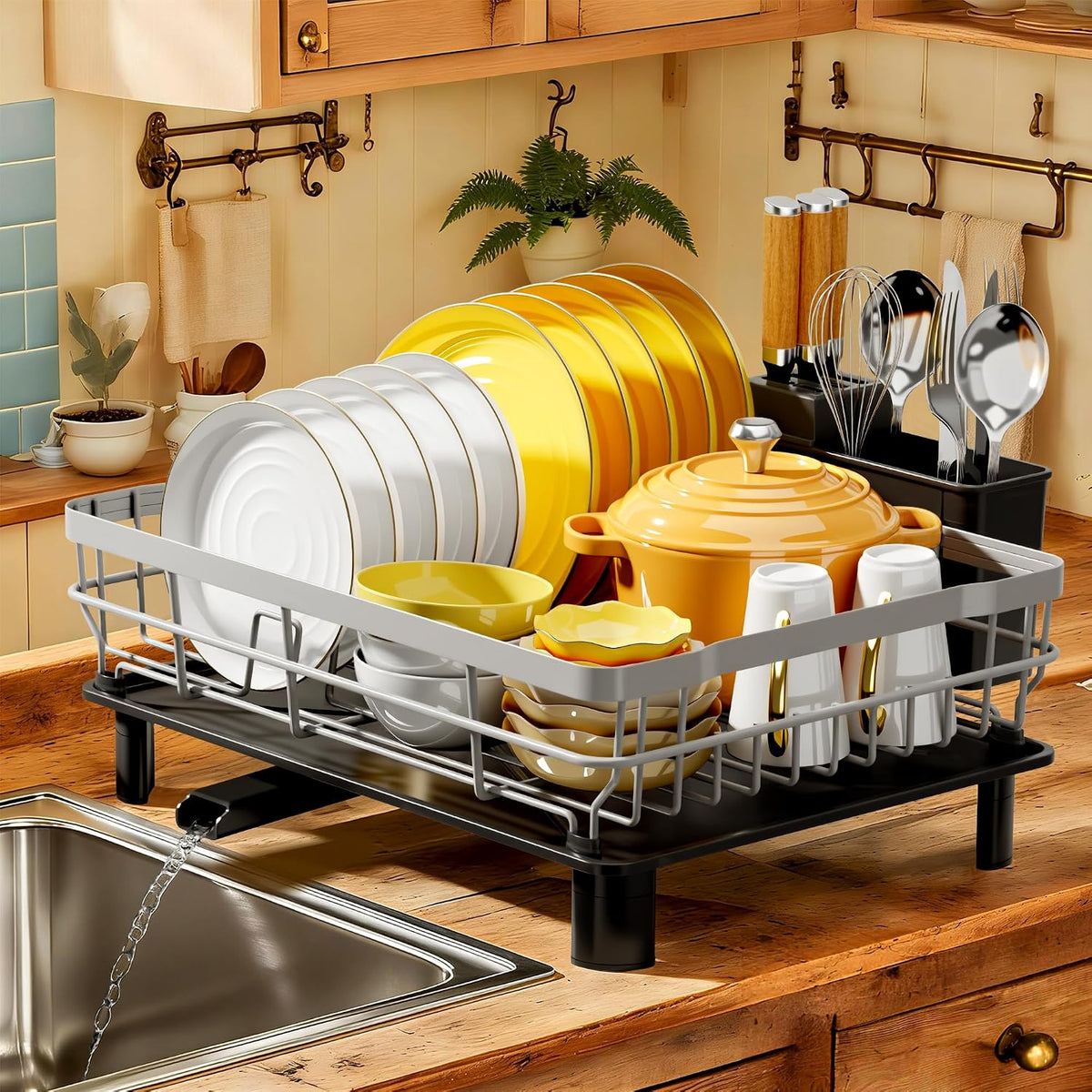 Dish Drying Rack with Drainboard for Kitchen Counter, White
