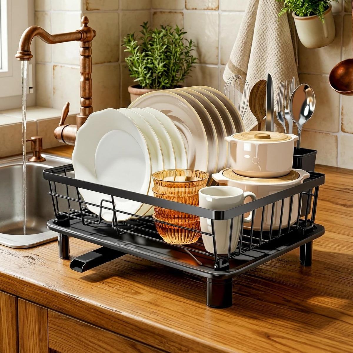 Dish Drying Rack with Drainboard for Kitchen Counter, White