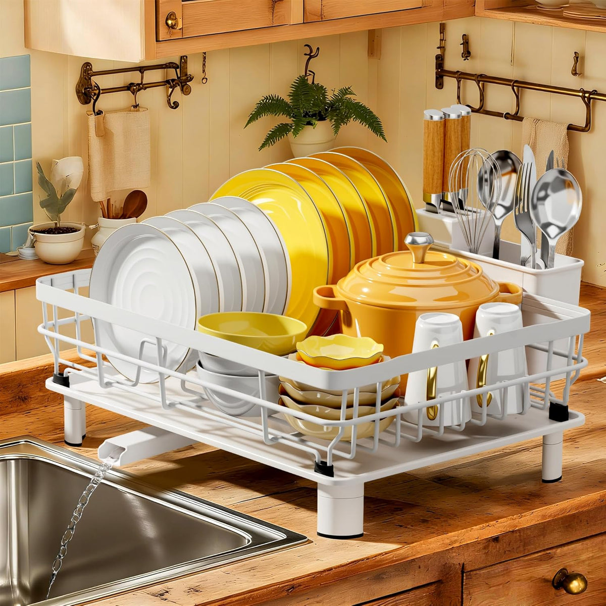 Dish Drying Rack with Drainboard for Kitchen Counter, White