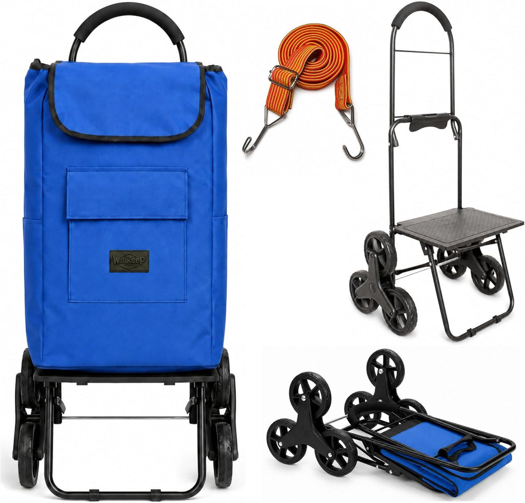 Shopping Cart, Super Loading Stair Climber 220 lbs Capacity, Grocery Foldable Trolley with Extra Large Shopping Bag Laundry Utility Cart with Adjustable Bungee Cord, blue