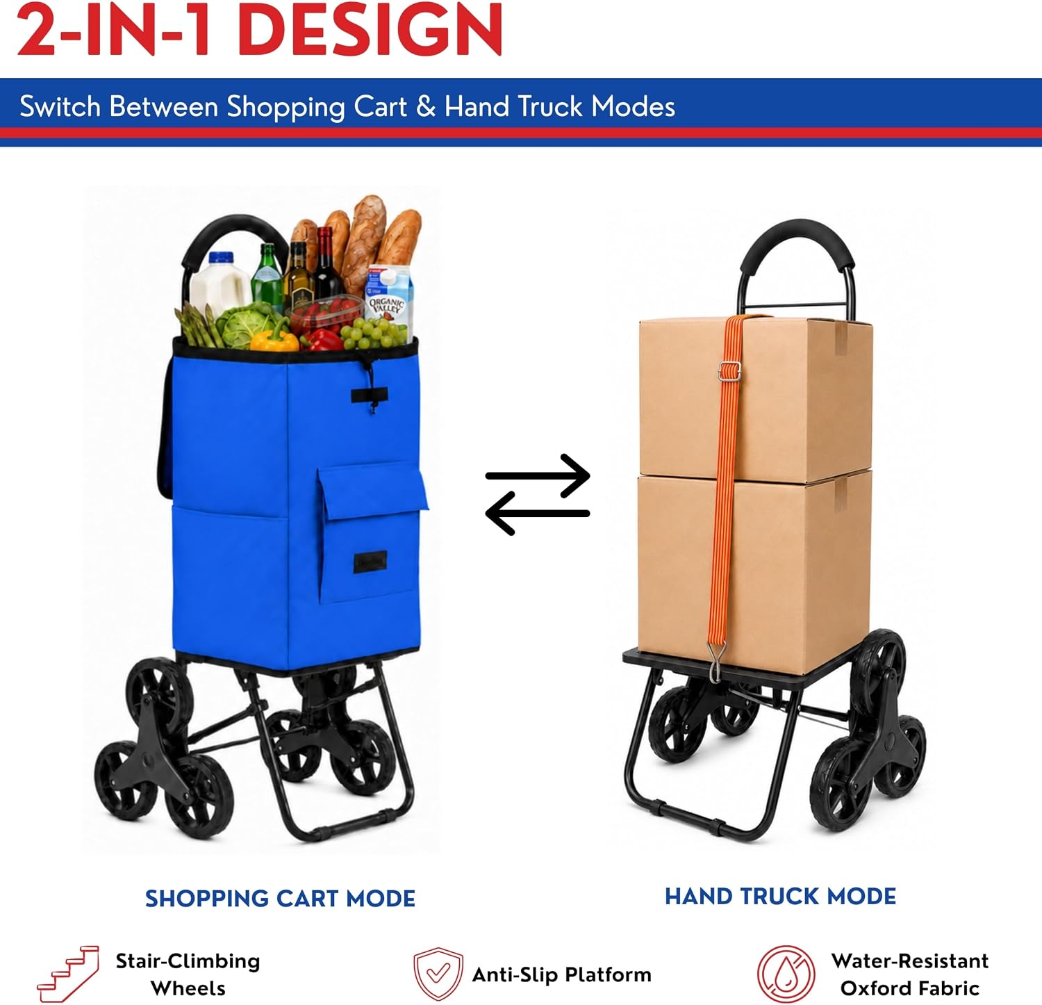 Shopping Cart, Super Loading Stair Climber 220 lbs Capacity, Grocery Foldable Trolley with Extra Large Shopping Bag Laundry Utility Cart with Adjustable Bungee Cord, blue